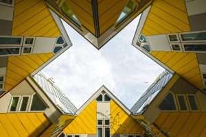 A view of several houses taken from an angle that creates a hexagon